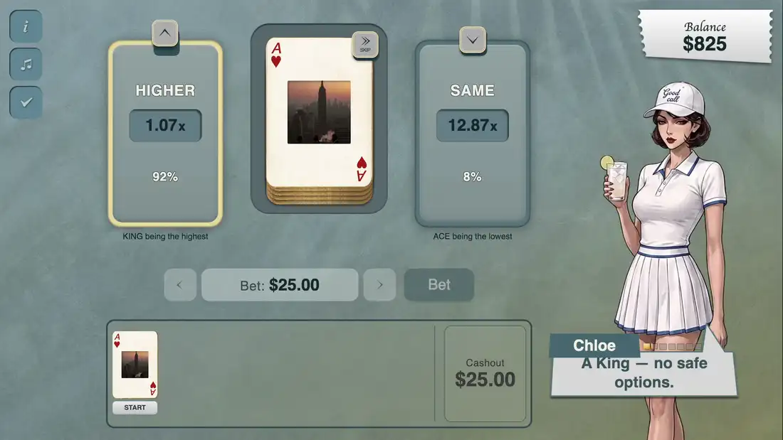 Good Call in play: a high-low card game with an illustrated host, building a run of correct calls