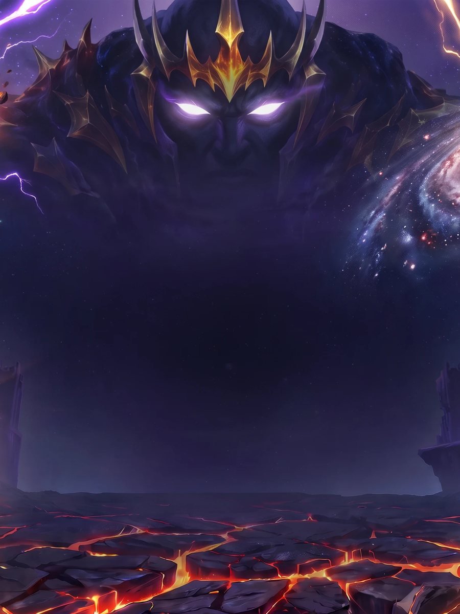 A crowned cosmic Titan with glowing eyes looming over a lava-cracked plain