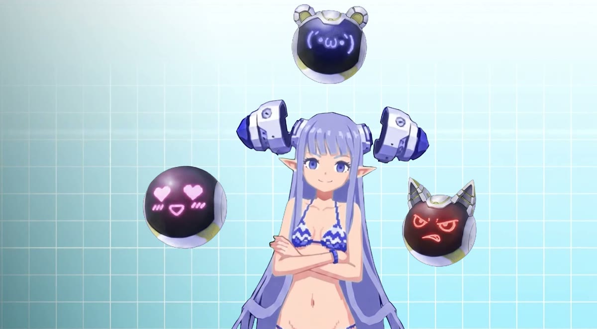 An anime character with her arms folded, ringed by capsule creatures