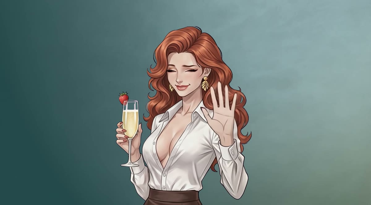 The game's host raising a glass against a soft teal ground