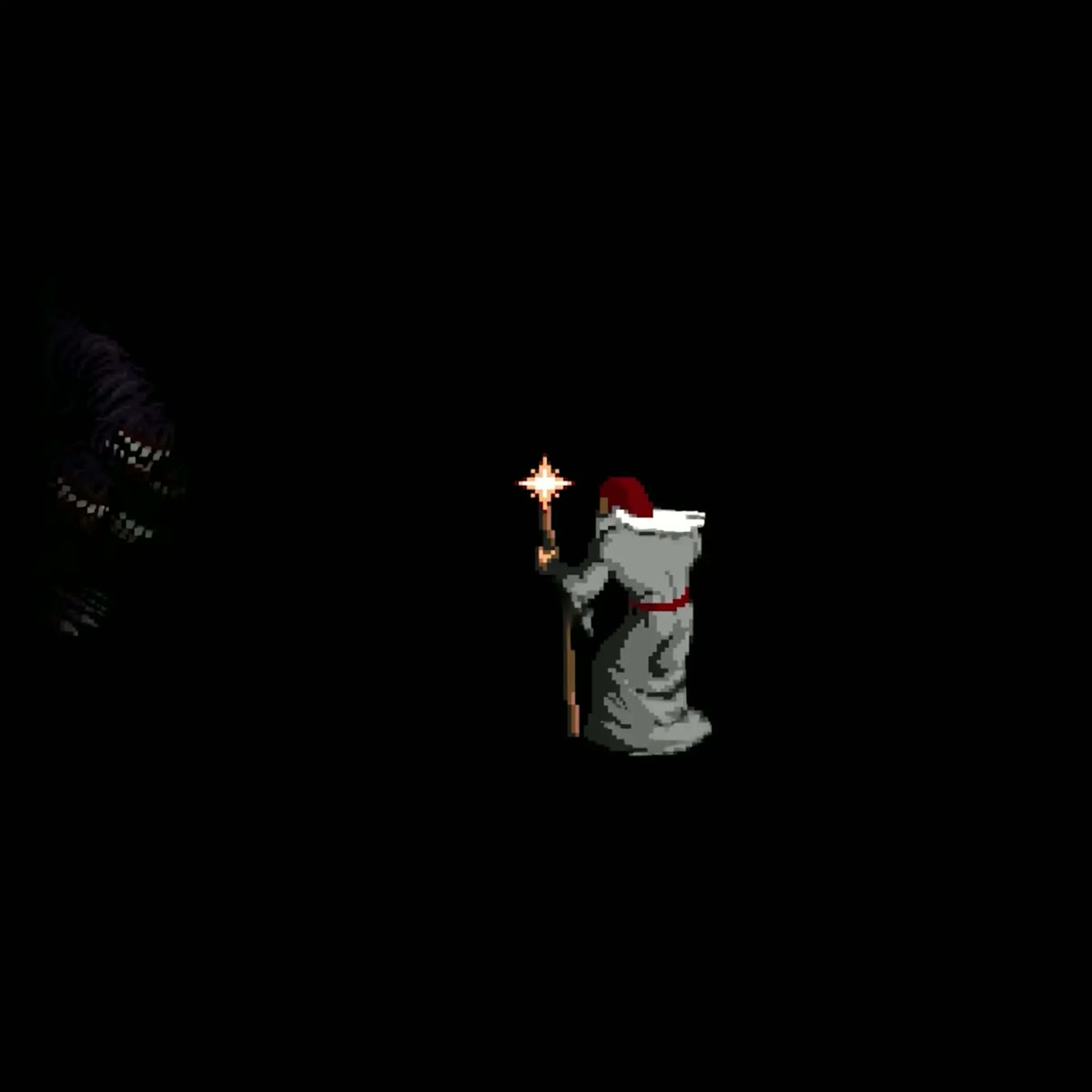 A robed pixel-art wizard holding a lit staff in the dark
