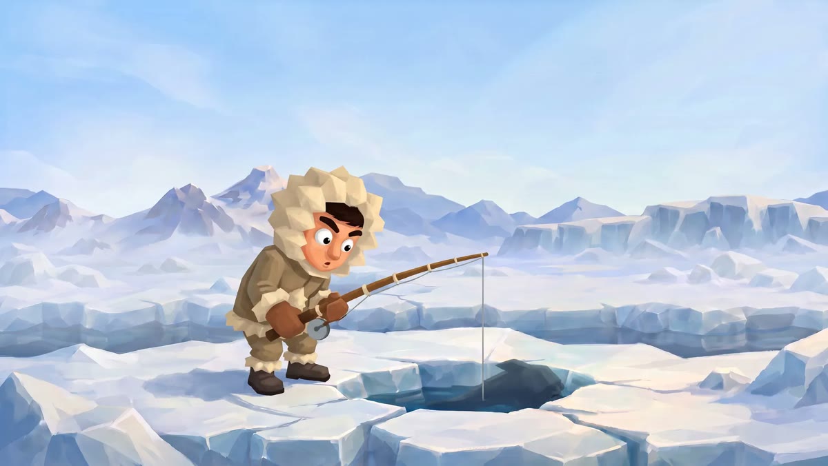 An ice fisherman on a floe above a sea of prehistoric predators