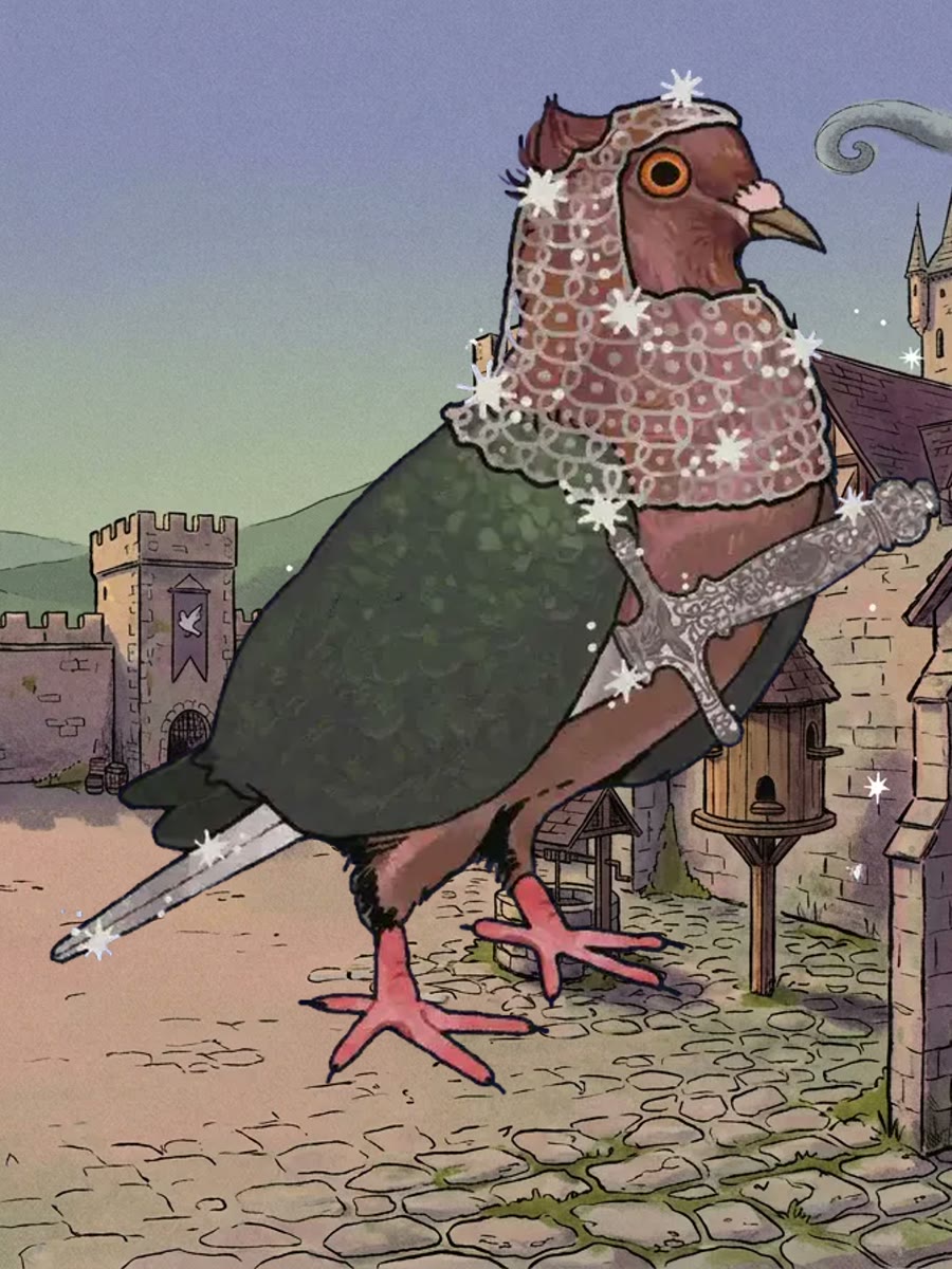 Sir Epic-Pidgey, a pigeon knight in chainmail with a sword, in a castle courtyard