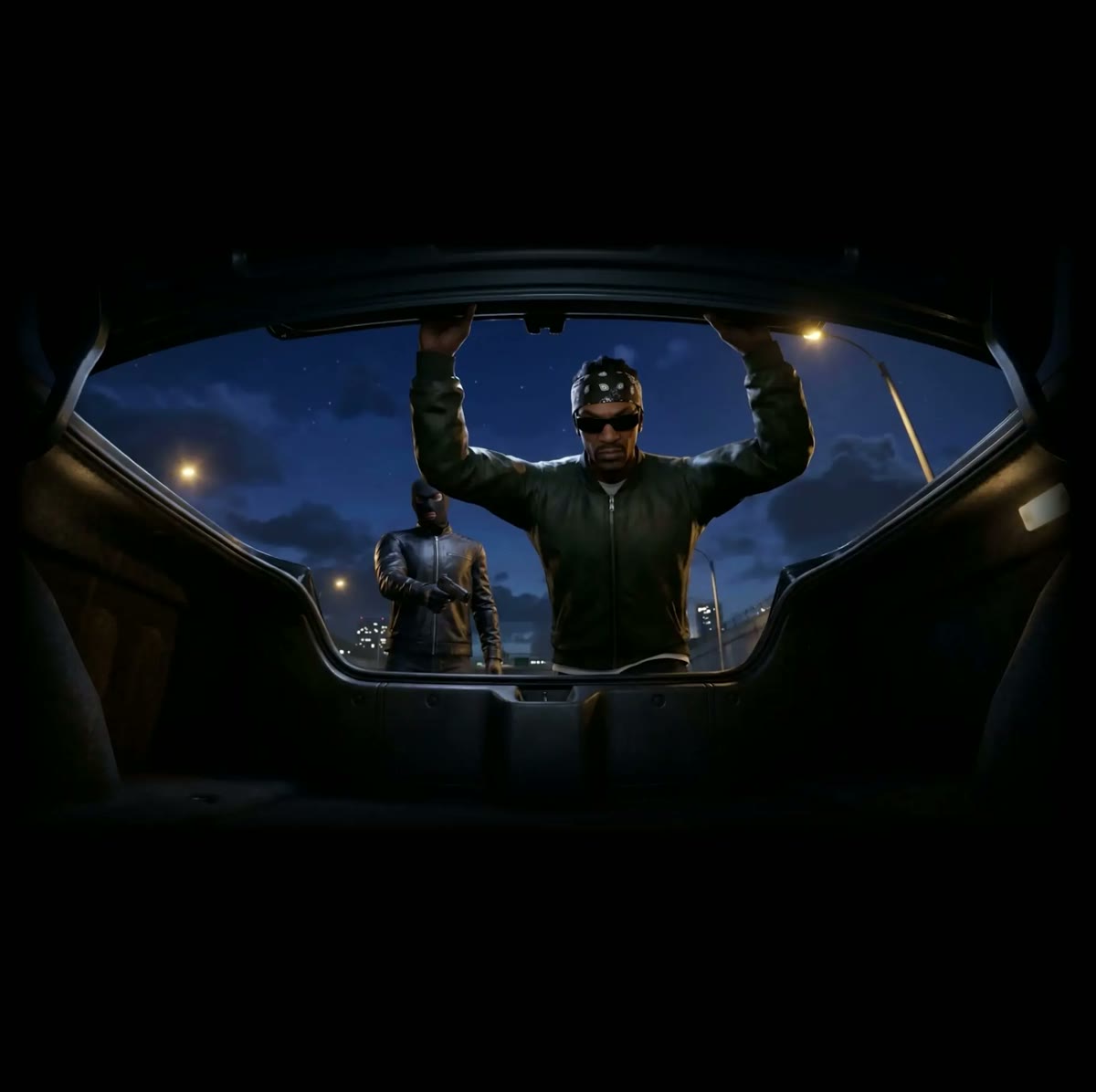 A car trunk opening onto two figures under a night sky