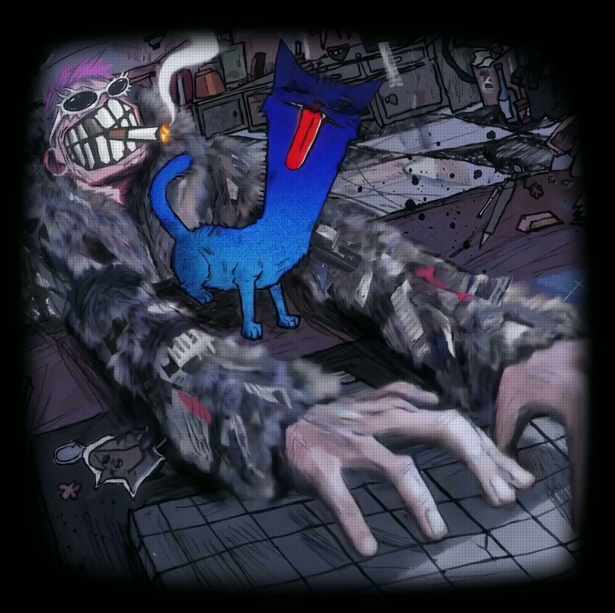 A grinning character in a fur coat at a cluttered desk with a blue cat