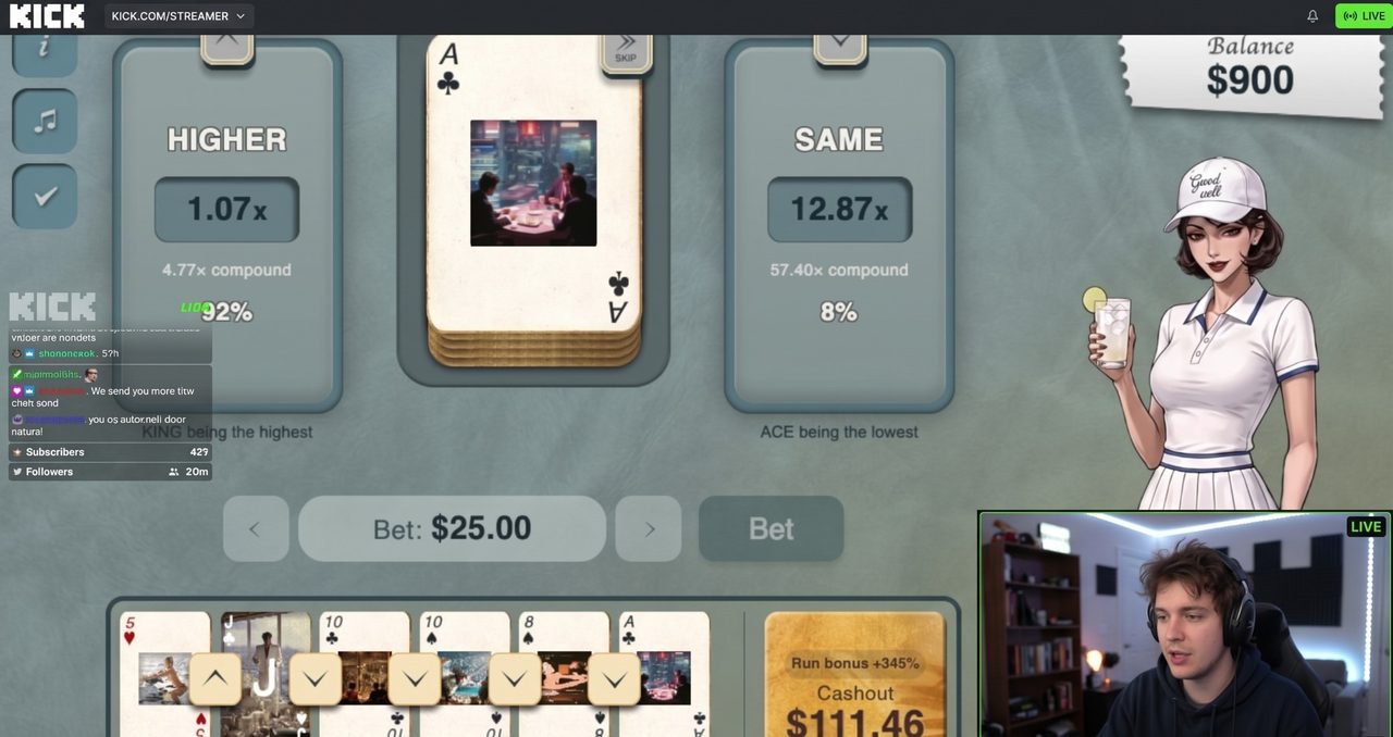 Good Call on a Kick stream: a creator calls an ace with a $111.46 run on the table