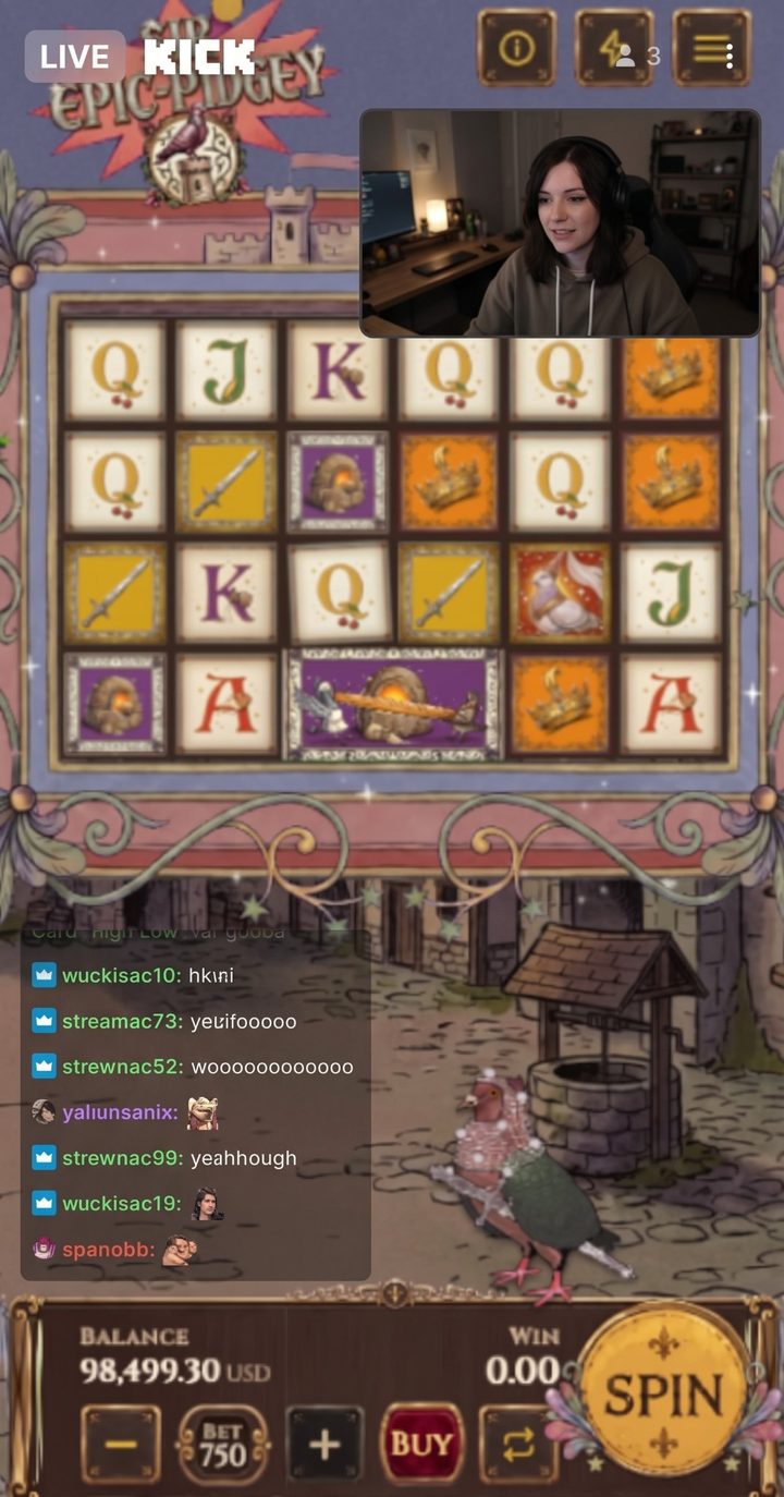 Sir Epic-Pidgey live on Kick: a creator spins the reels with chat scrolling